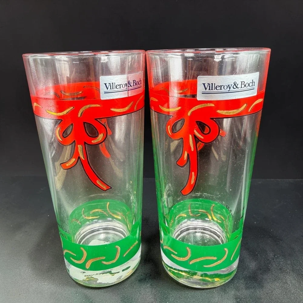 Villeroy & Boch Christmas Highball Glasses Set‎ 4 Red Ribbon Green France NEW